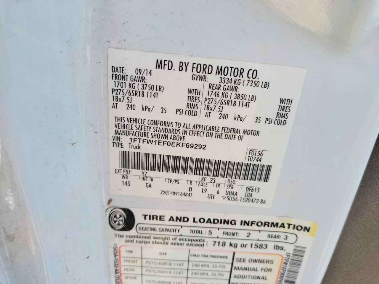 Photo 10 from auction – 2014 FORD F150 SUPER with VIN 1FTFW1EF0EKF69292