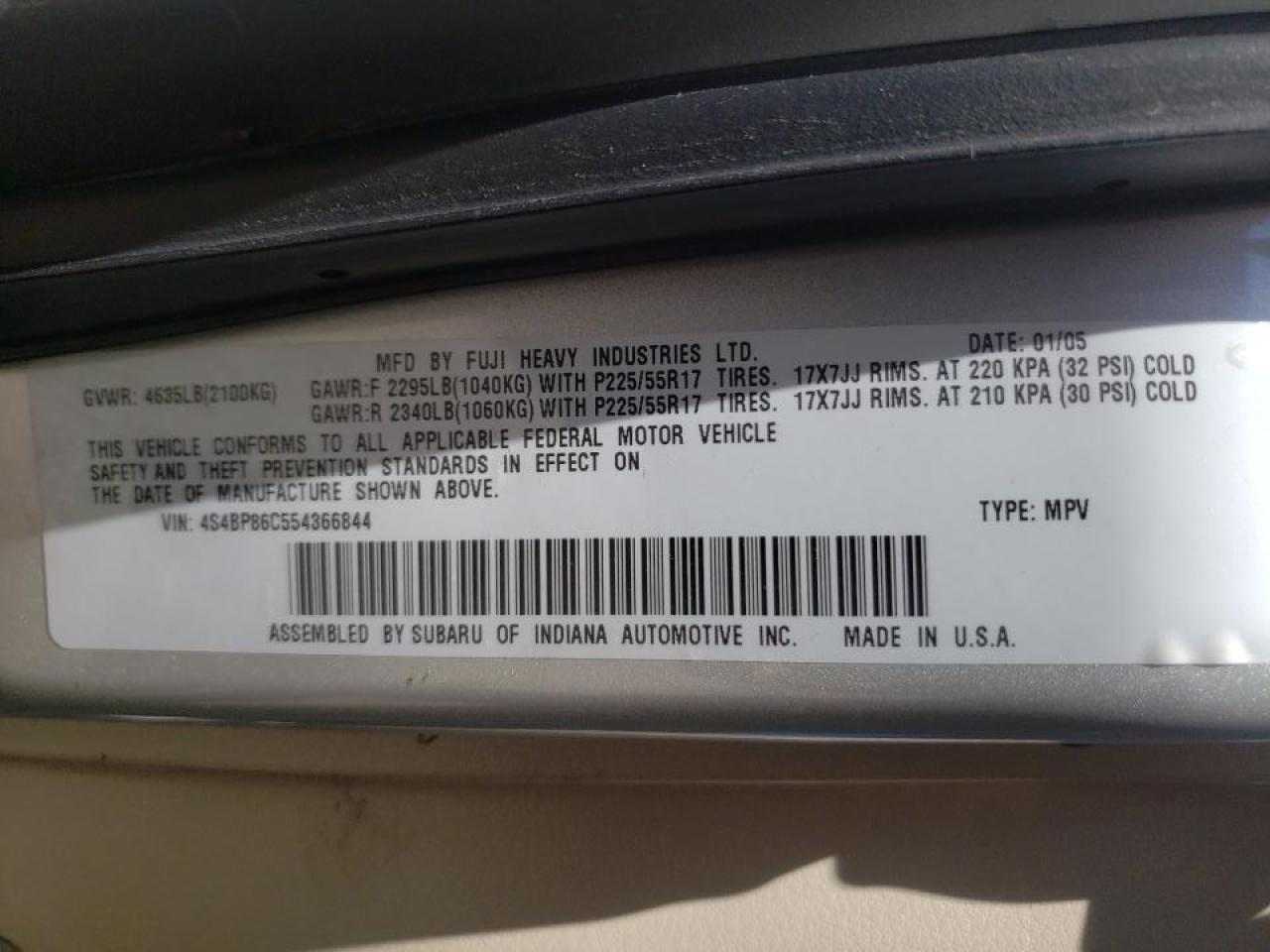 Photo 10 from auction – 2005 SUBARU LEGACY OUT with VIN 4S4BP86C554366844