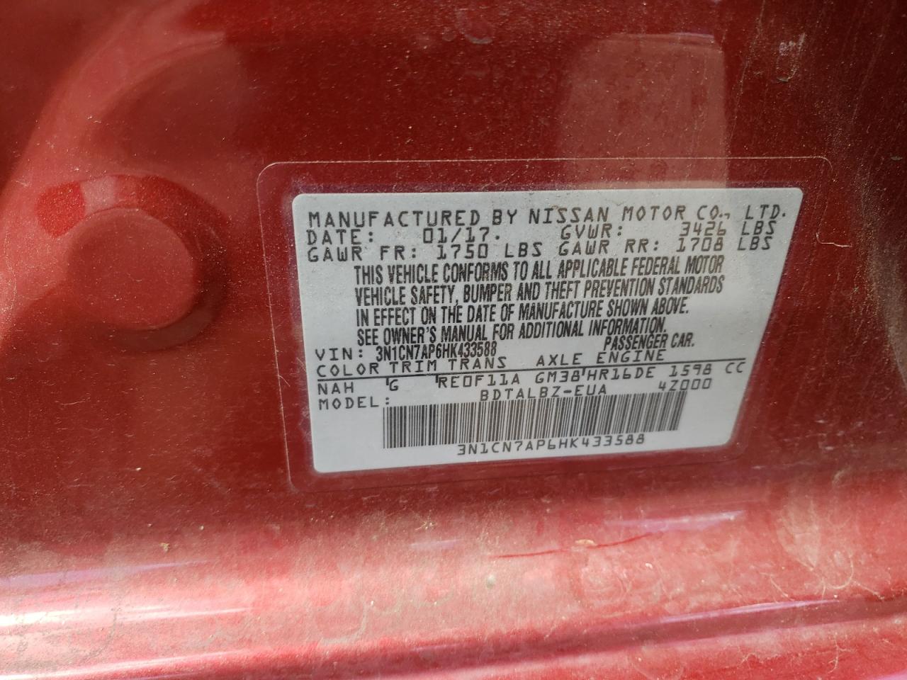Photo 10 from auction – 2017 NISSAN VERSA S with VIN 3N1CN7AP6HK433588