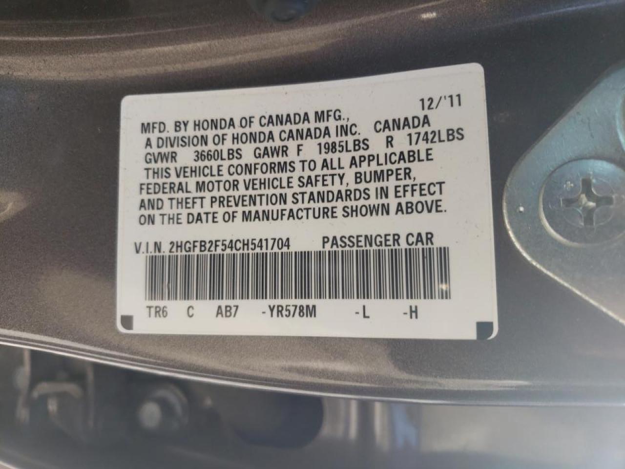 Photo 10 from auction – 2012 HONDA CIVIC LX with VIN 2HGFB2F54CH541704