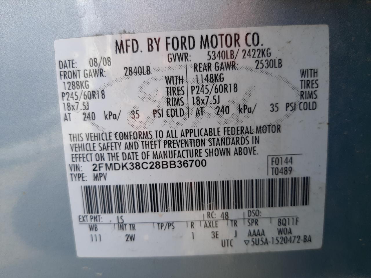 Photo 10 from auction – 2008 FORD EDGE SEL with VIN 2FMDK38C28BB36700