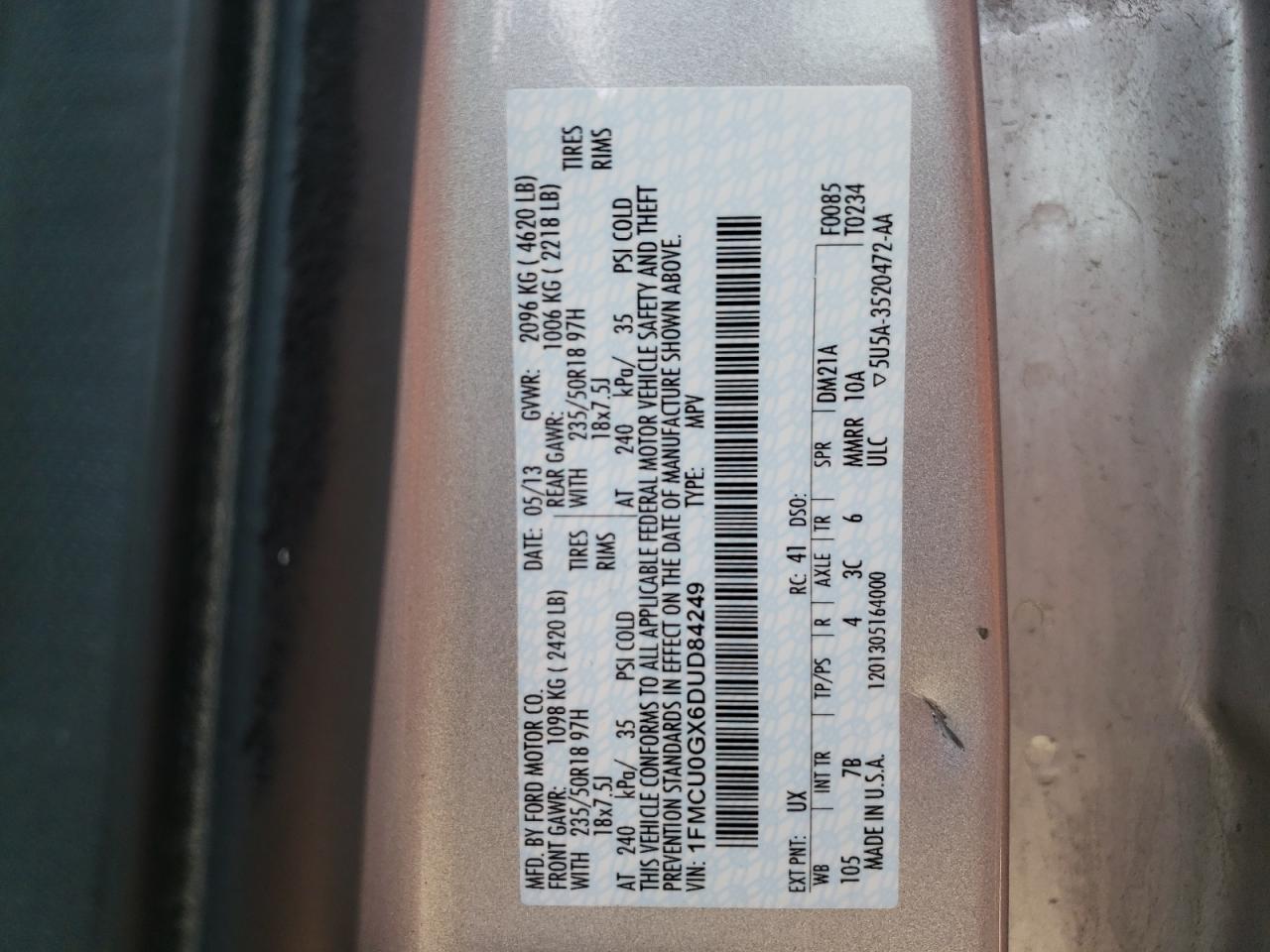 Photo 10 from auction – 2013 FORD ESCAPE SE with VIN 1FMCU0GX6DUD84249