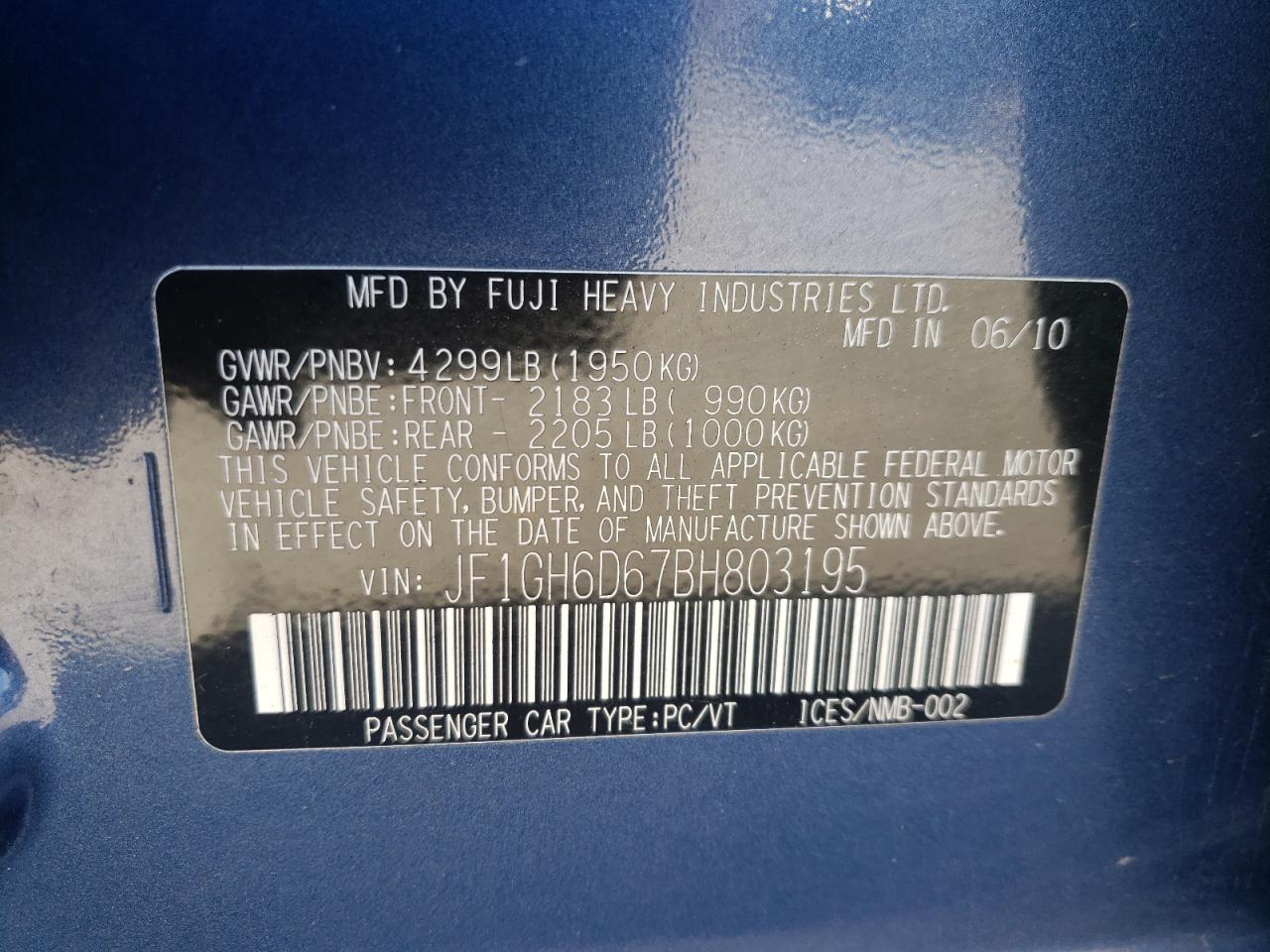 Photo 10 from auction – 2011 SUBARU IMPREZA OU with VIN JF1GH6D67BH803195