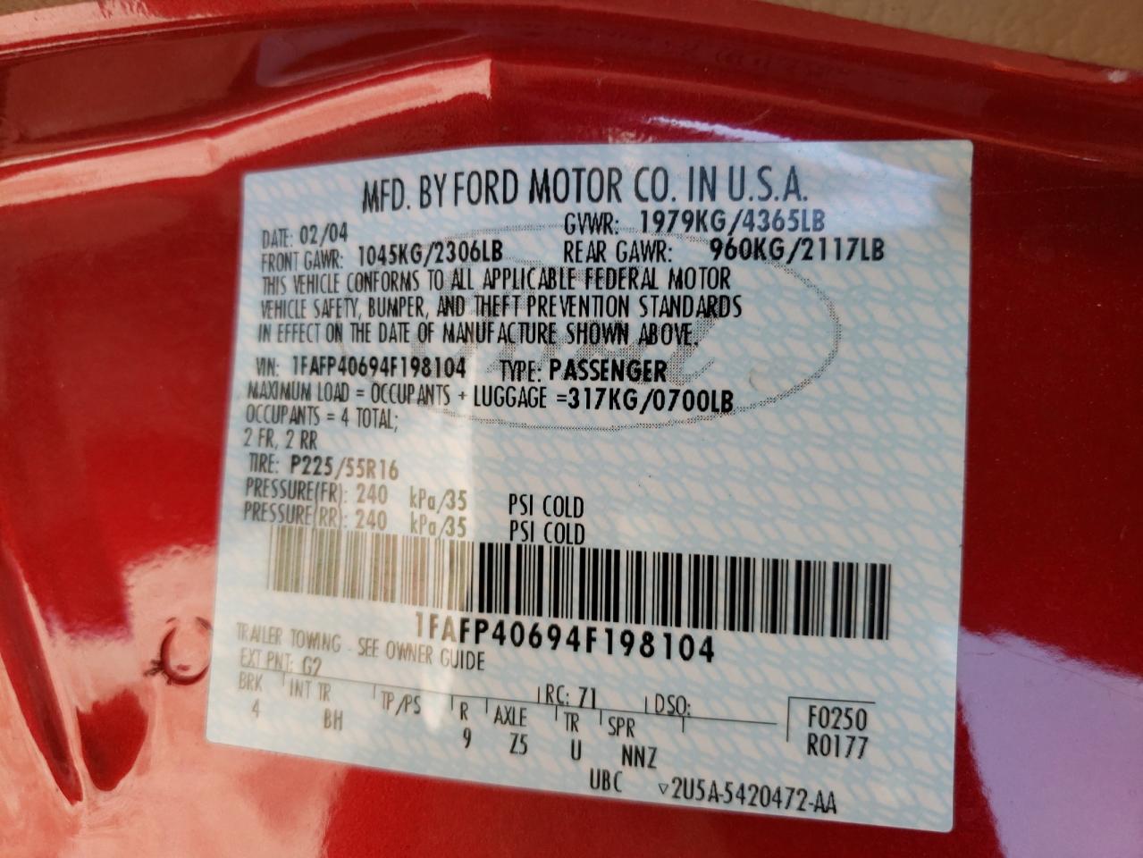 Photo 10 from auction – 2004 FORD MUSTANG with VIN 1FAFP40694F198104