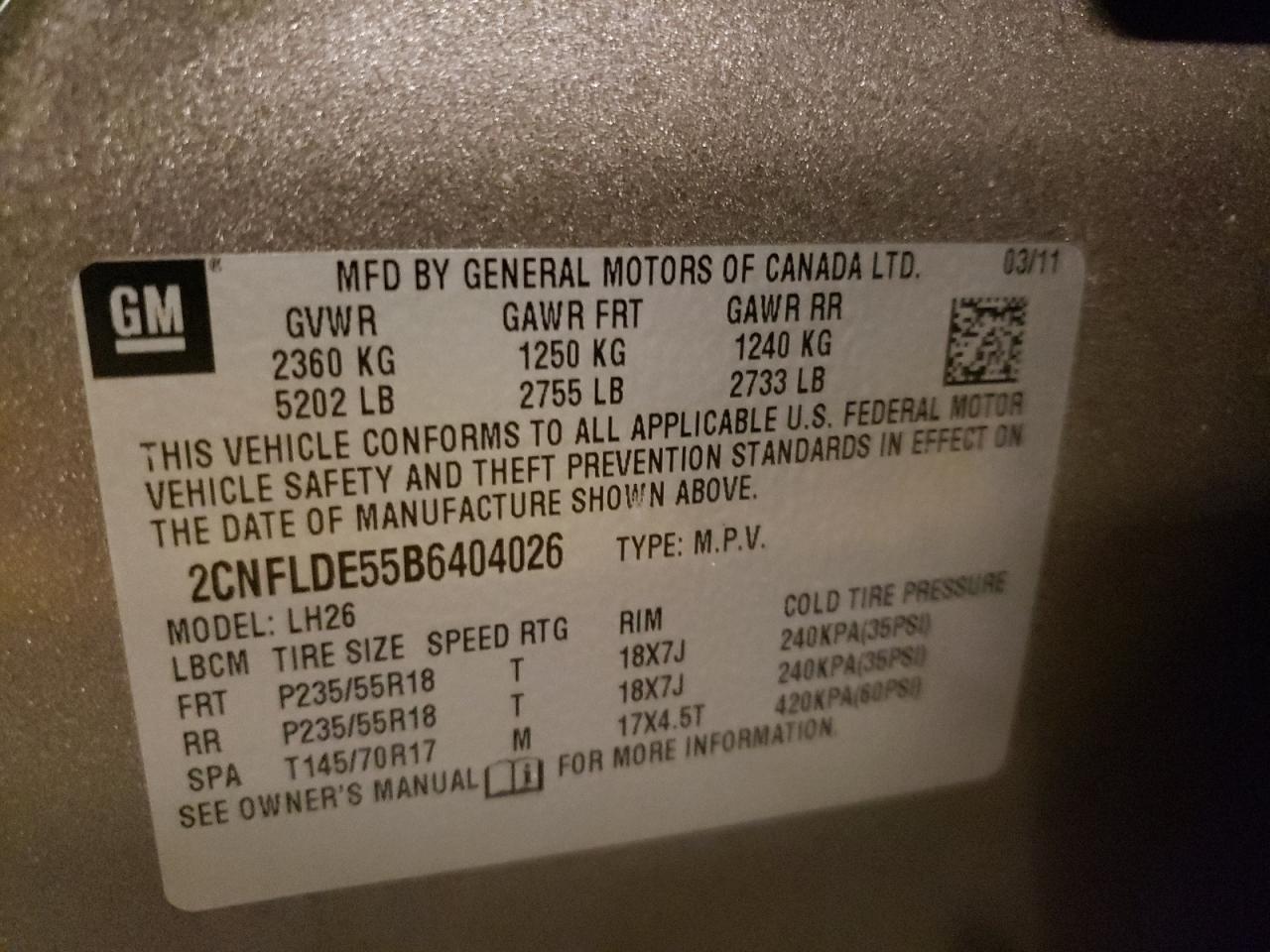 Photo 10 from auction – 2011 CHEVROLET EQUINOX LT with VIN 2CNFLDE55B6404026