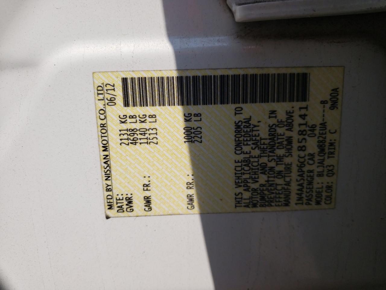Photo 10 from auction – 2012 NISSAN MAXIMA S with VIN 1N4AA5AP6CC858141