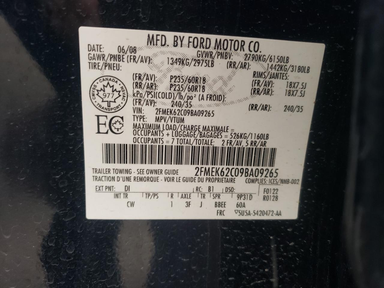 Photo 10 from auction – 2009 FORD FLEX SEL with VIN 2FMEK62C09BA09265