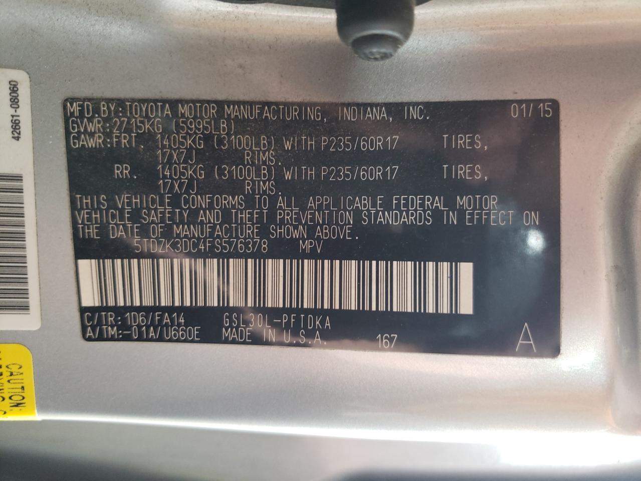 Photo 10 from auction – 2015 TOYOTA SIENNA with VIN 5TDZK3DC4FS576378