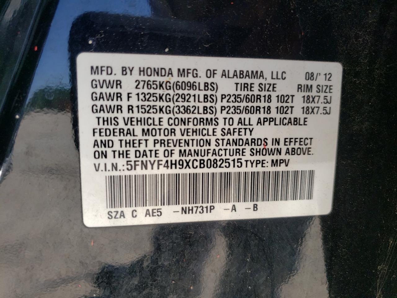 Photo 10 from auction – 2012 HONDA PILOT TOUR with VIN 5FNYF4H9XCB082515