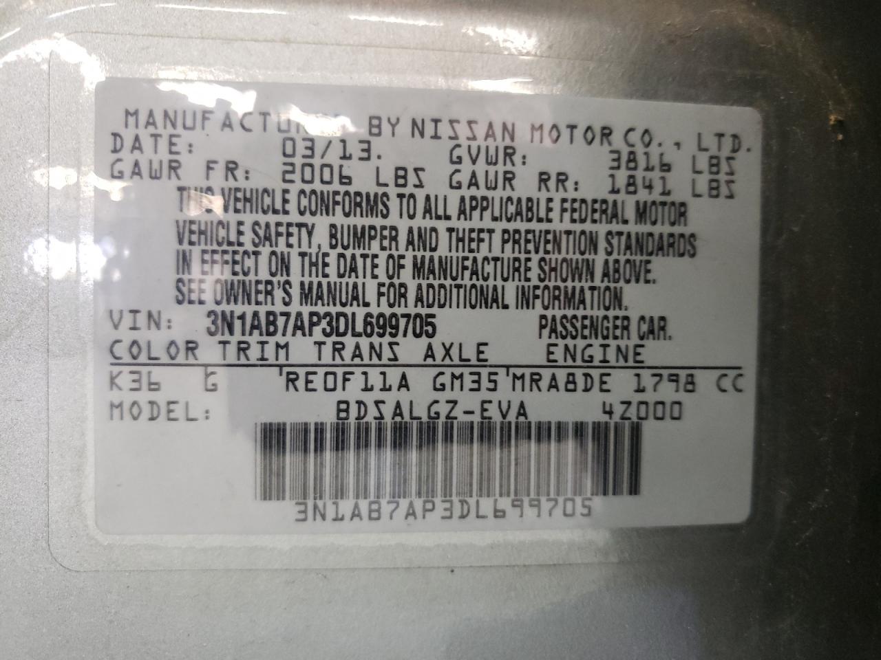 Photo 10 from auction – 2013 NISSAN SENTRA S with VIN 3N1AB7AP3DL699705