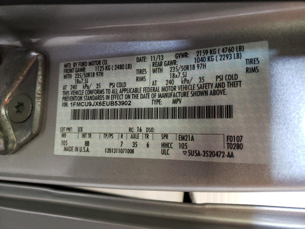 Photo 10 from auction – 2014 FORD ESCAPE TIT with VIN 1FMCU9JX6EUB53902