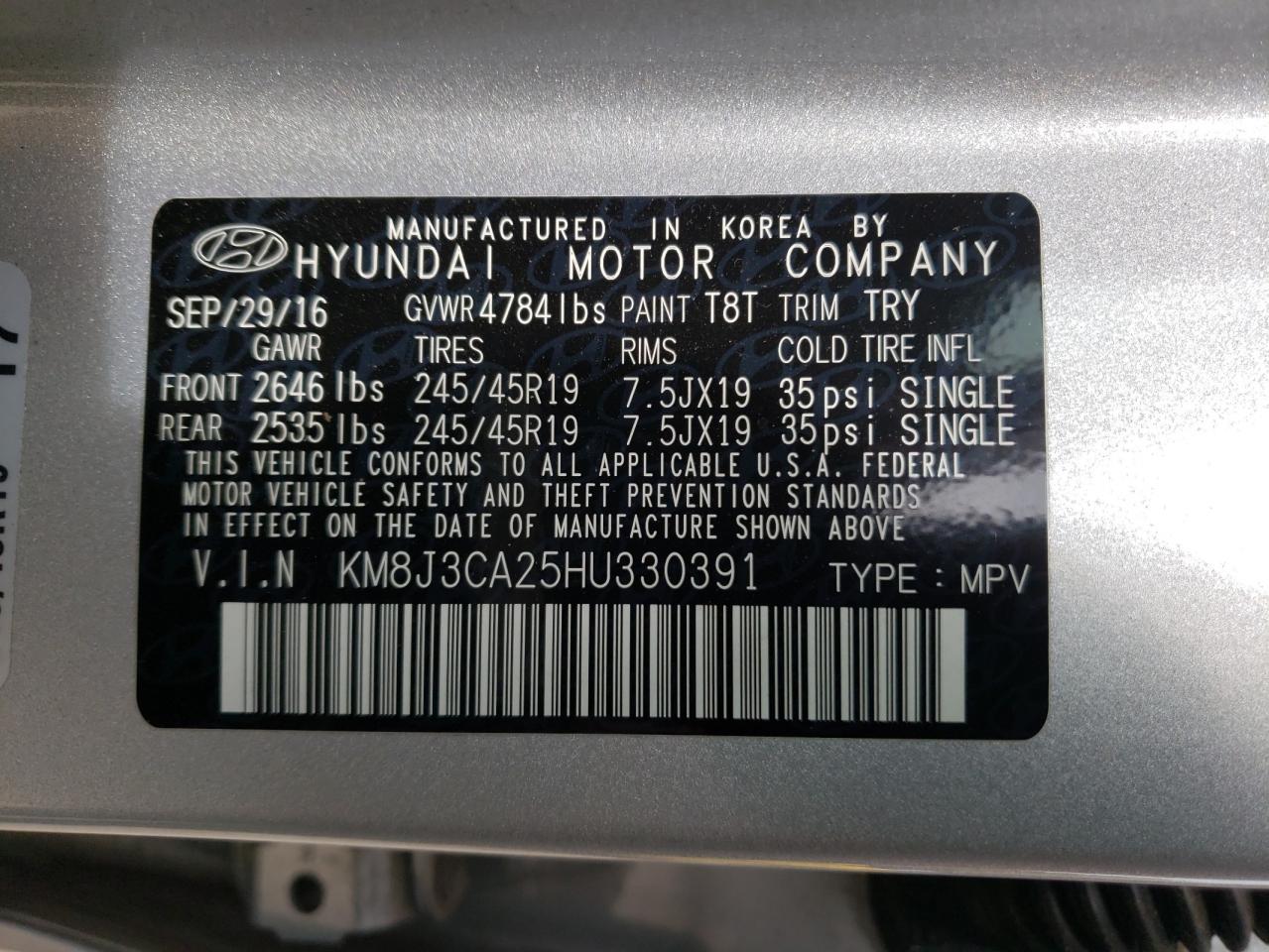 Photo 10 from auction – 2017 HYUNDAI TUCSON LIM with VIN KM8J3CA25HU330391