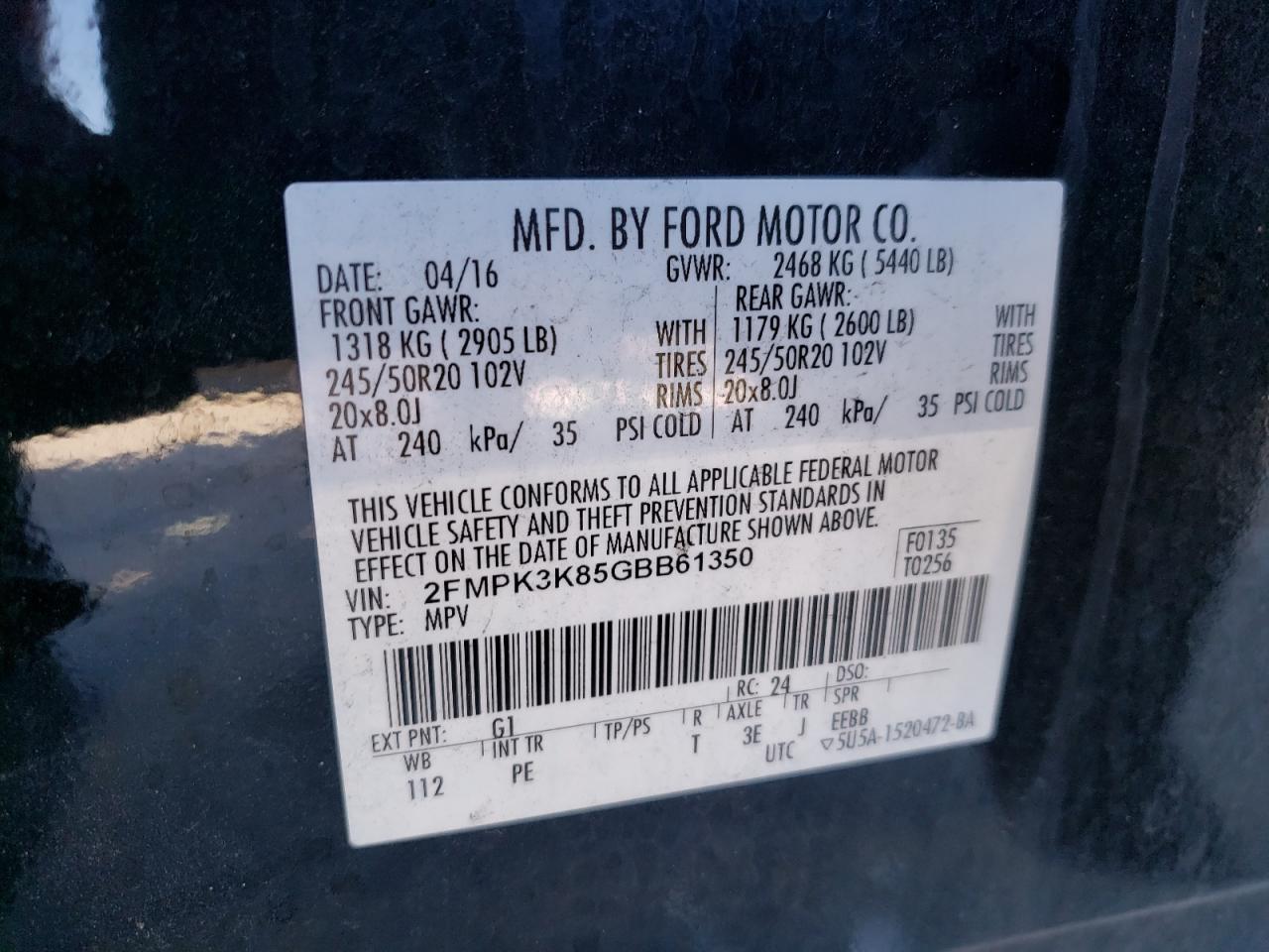 Photo 10 from auction – 2016 FORD EDGE TITAN with VIN 2FMPK3K85GBB61350