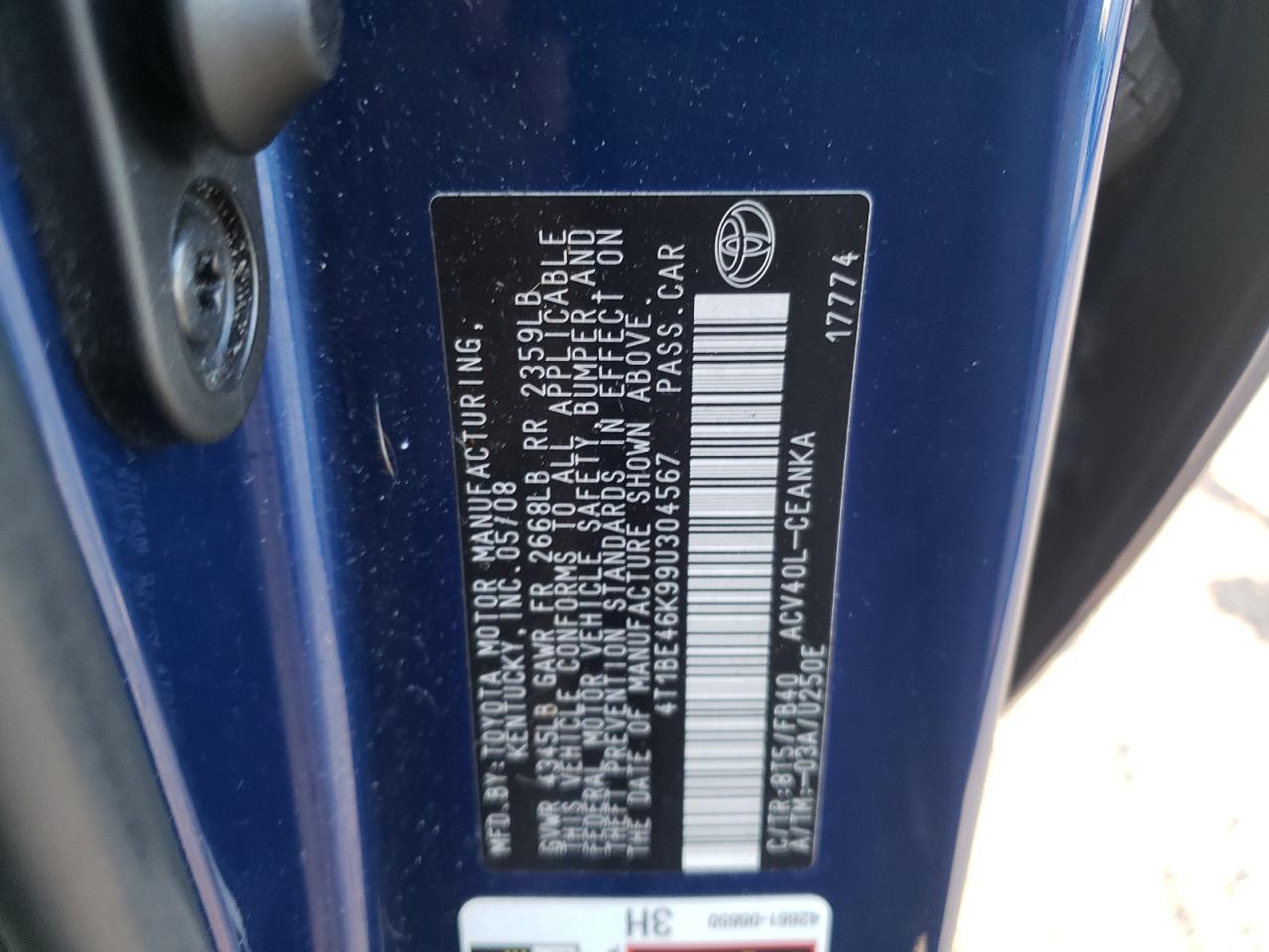 Photo 10 from auction – 2009 TOYOTA CAMRY BASE with VIN 4T1BE46K99U304567
