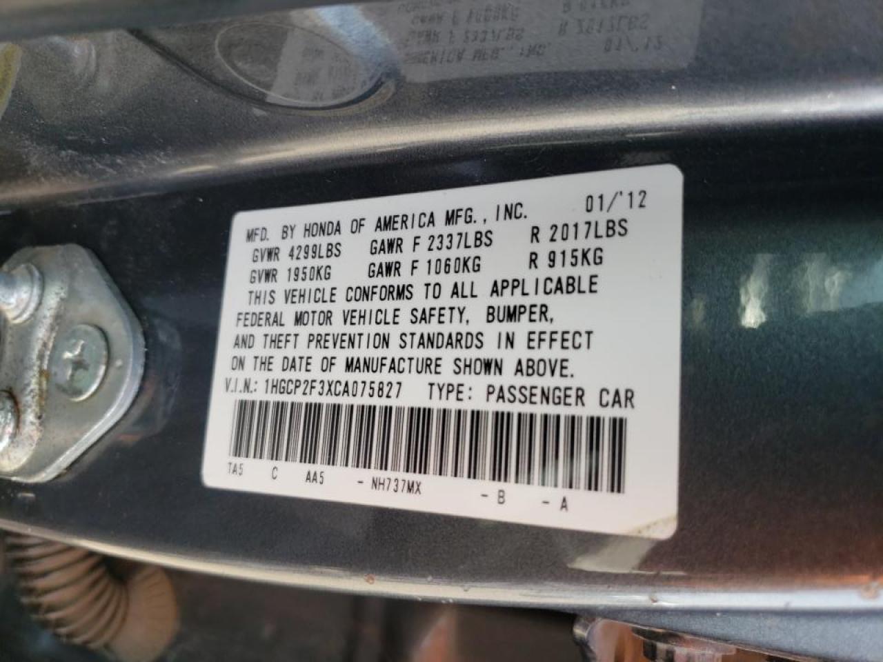 Photo 10 from auction – 2012 HONDA ACCORD LX with VIN 1HGCP2F3XCA075827