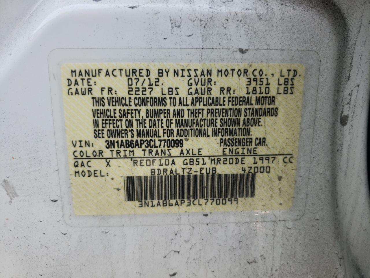 Photo 10 from auction – 2012 NISSAN SENTRA 2.0 with VIN 3N1AB6AP3CL770099