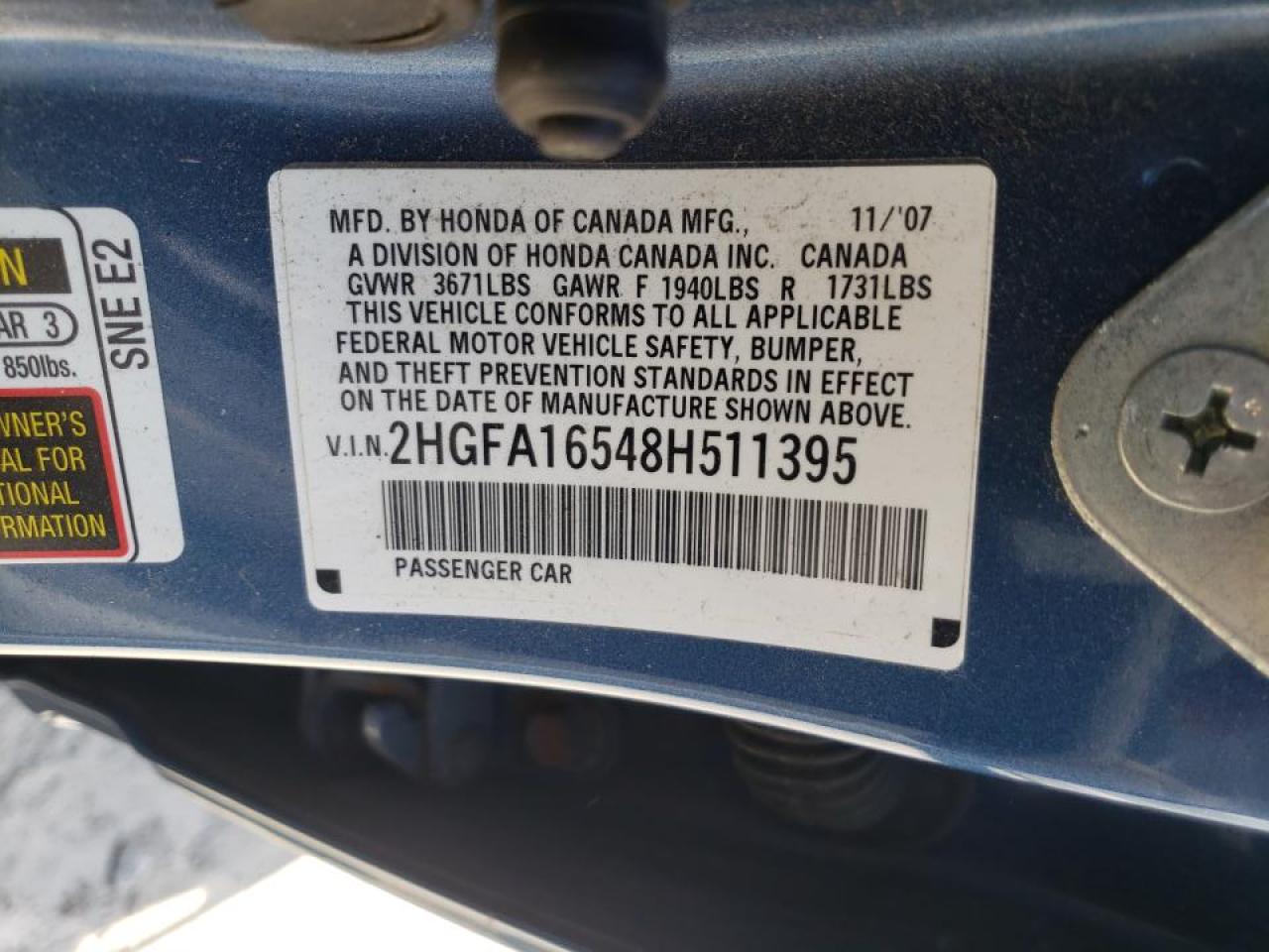 Photo 10 from auction – 2008 HONDA CIVIC LX with VIN 2HGFA16548H511395