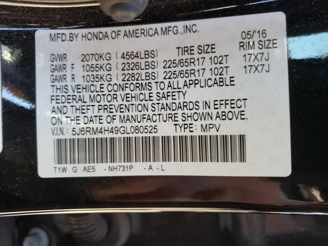 Photo 10 from auction – 2016 HONDA CR-V SE with VIN 5J6RM4H49GL080525