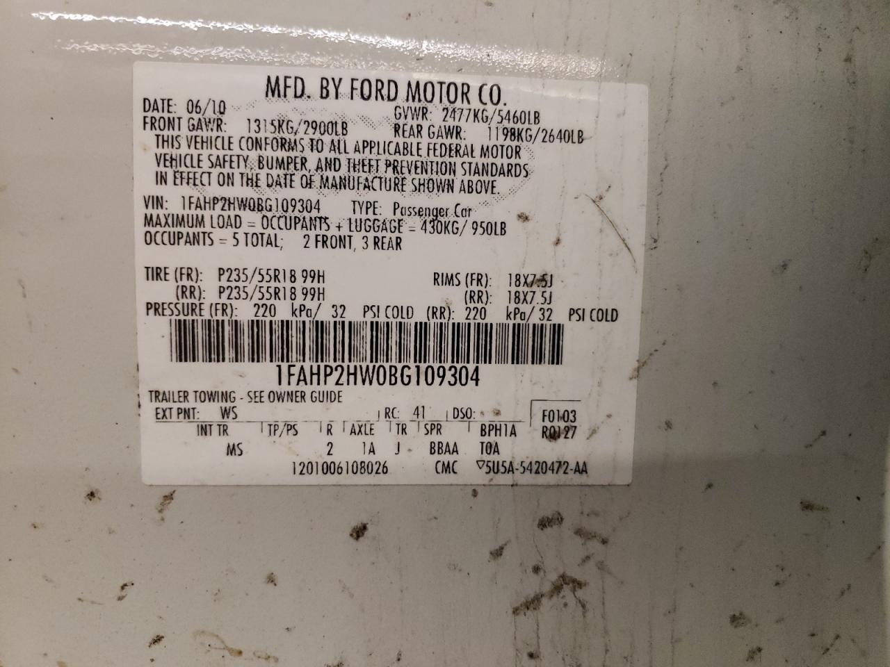 Photo 10 from auction – 2011 FORD TAURUS SEL with VIN 1FAHP2HW0BG109304