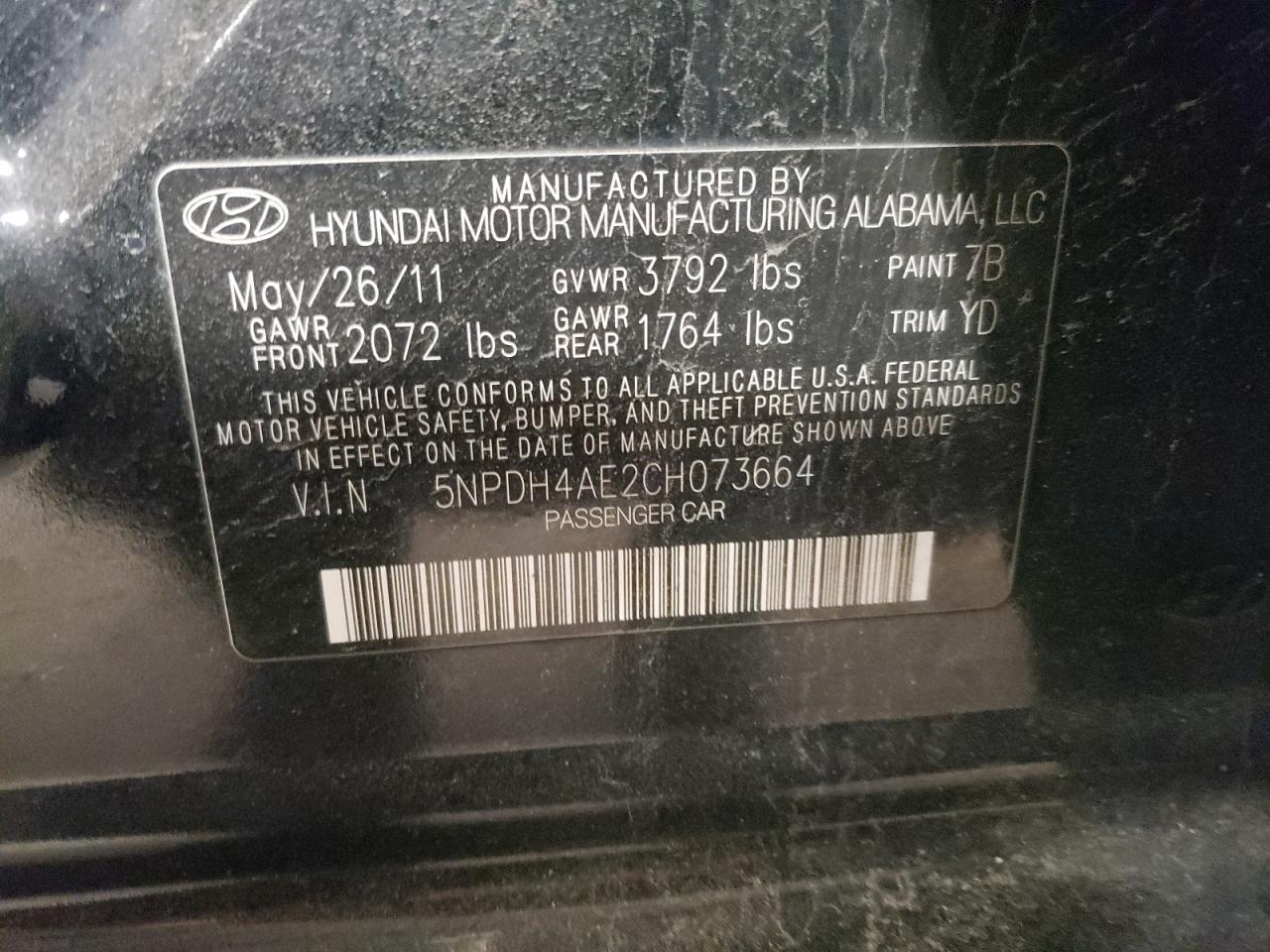 Photo 10 from auction – 2012 HYUNDAI ELANTRA GL with VIN 5NPDH4AE2CH073664