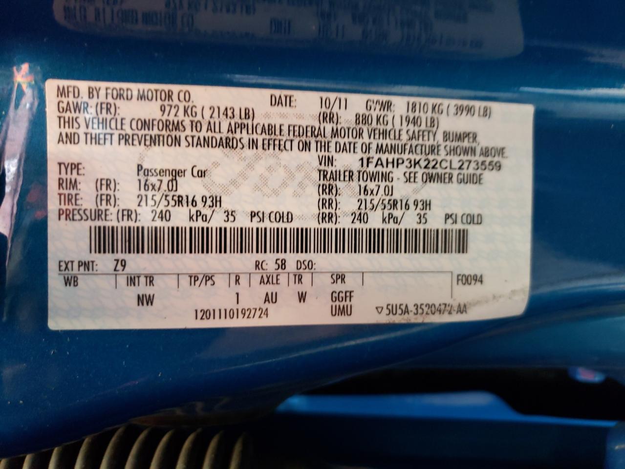 Фото 10 с аукциона – 2012 FORD FOCUS SE с VIN 1FAHP3K22CL273559