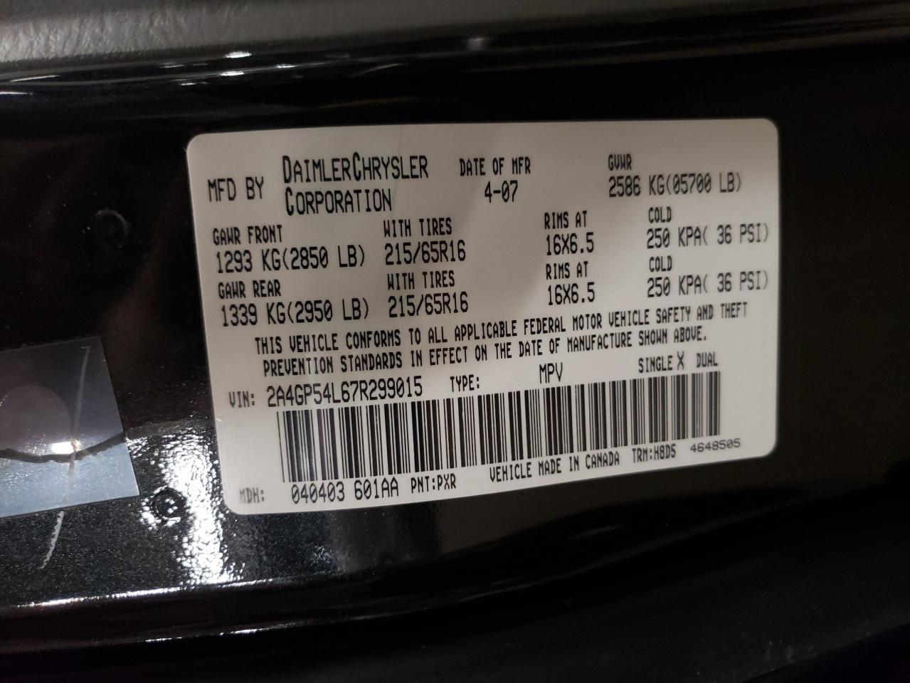 Photo 10 from auction – 2007 CHRYSLER TOWN & COU with VIN 2A4GP54L67R299015