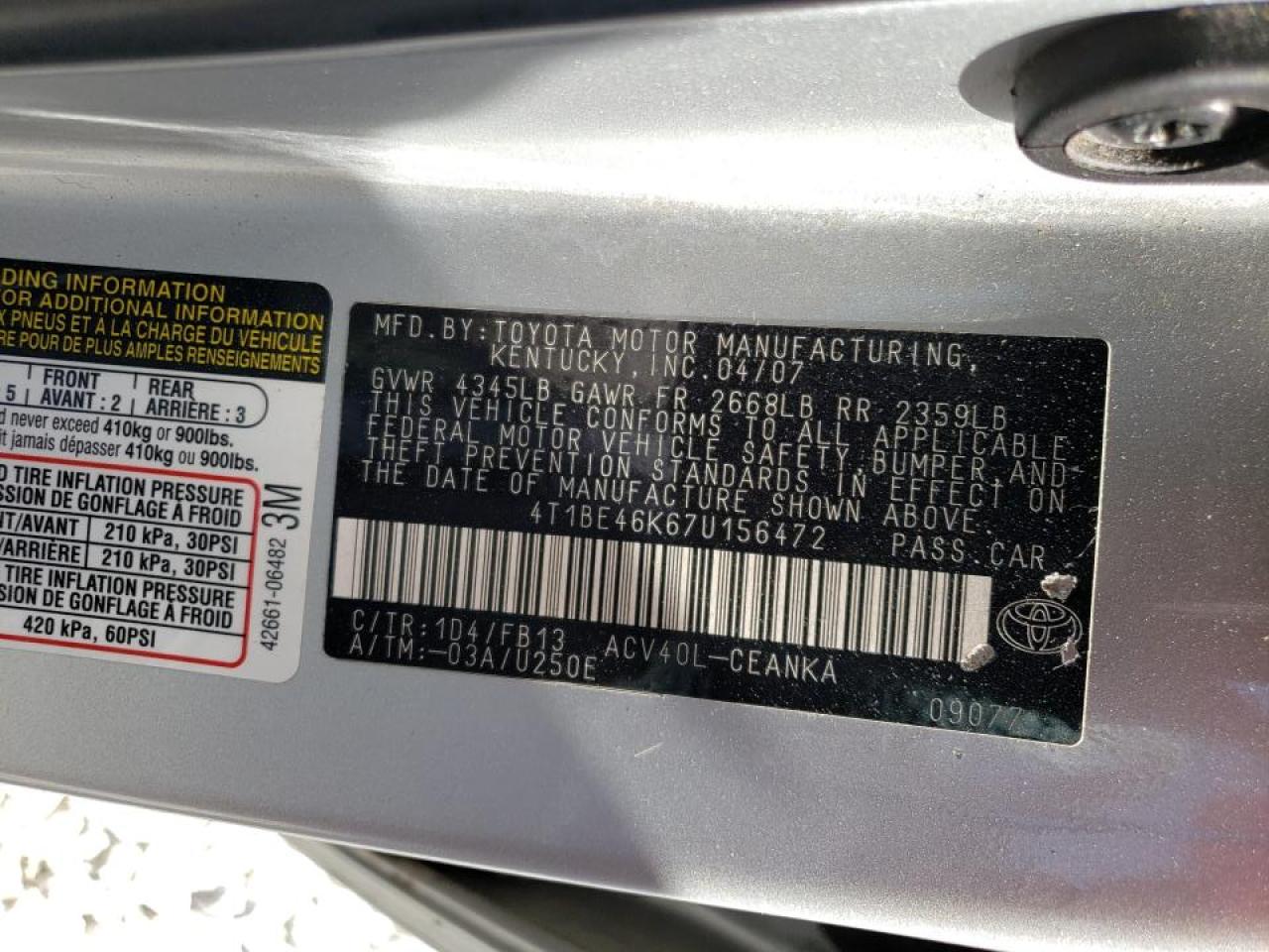 Photo 10 from auction – 2007 TOYOTA CAMRY CE with VIN 4T1BE46K67U156472