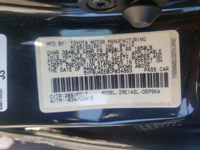 Photo 10 from auction – 2012 TOYOTA COROLLA BA with VIN 5YFBU4EE0CP034863