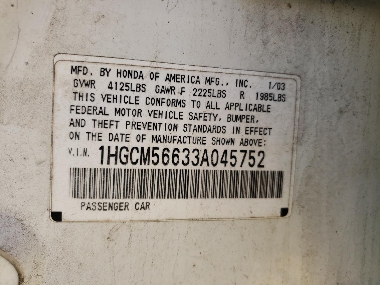 Photo 10 from auction – 2003 HONDA ACCORD EX with VIN 1HGCM56633A045752