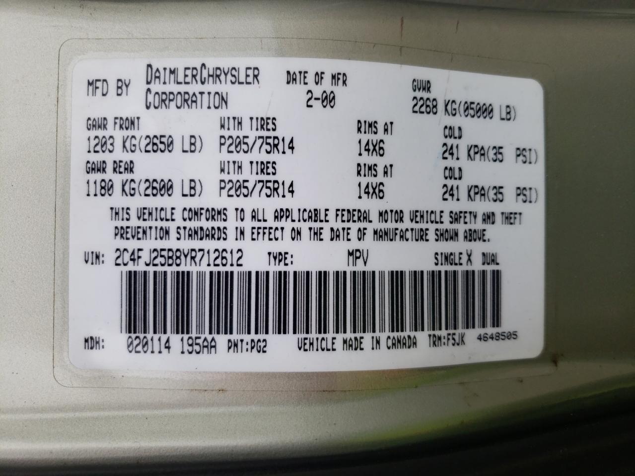 Photo 20 from auction – 2000 CHRYSLER VOYAGER with VIN 2C4FJ25B8YR712612