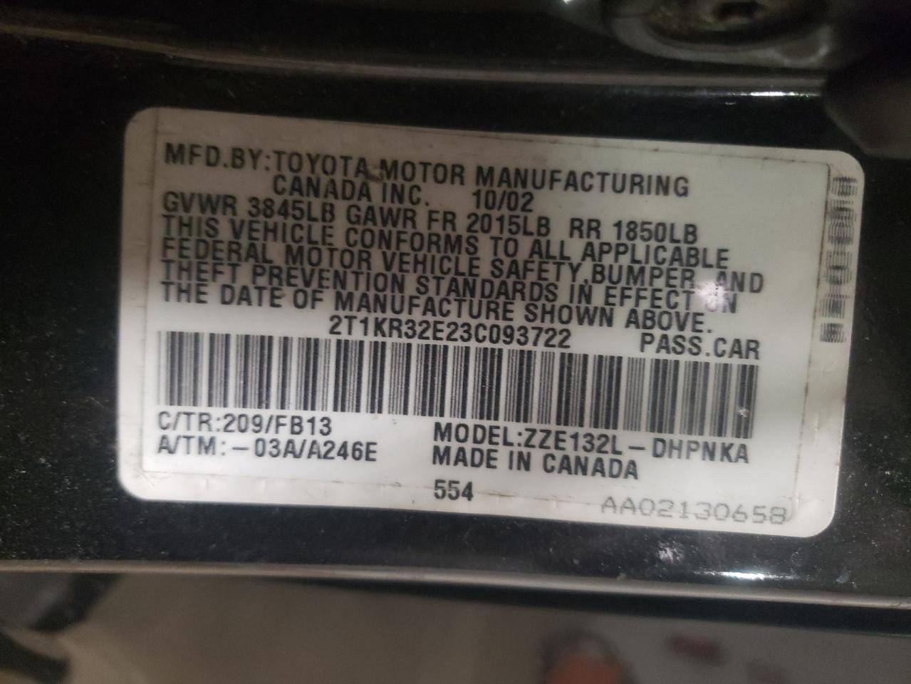 Photo 10 from auction – 2003 TOYOTA MATRIX with VIN 2T1KR32E23C093722