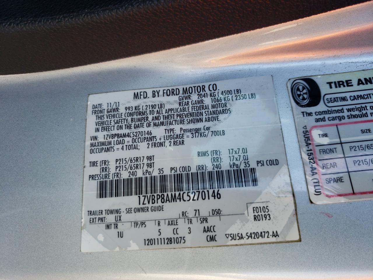 Photo 10 from auction – 2012 FORD MUSTANG with VIN 1ZVBP8AM4C5270146