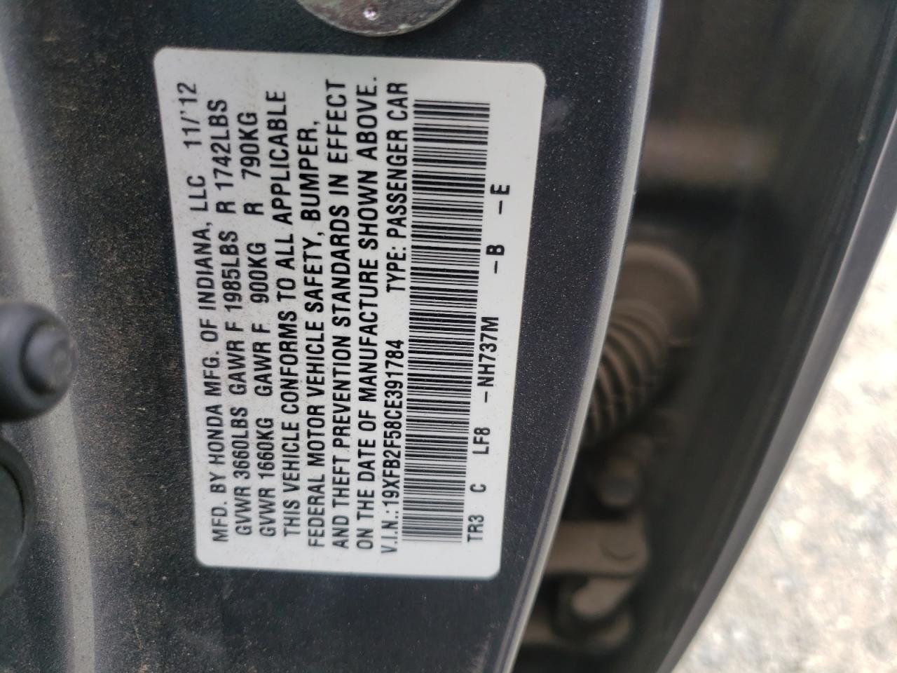 Photo 10 from auction – 2012 HONDA CIVIC LX with VIN 19XFB2F58CE391784