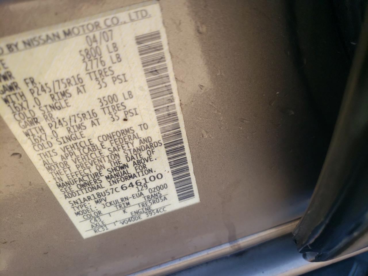 Photo 10 from auction – 2007 NISSAN PATHFINDER with VIN 5N1AR18U57C646100