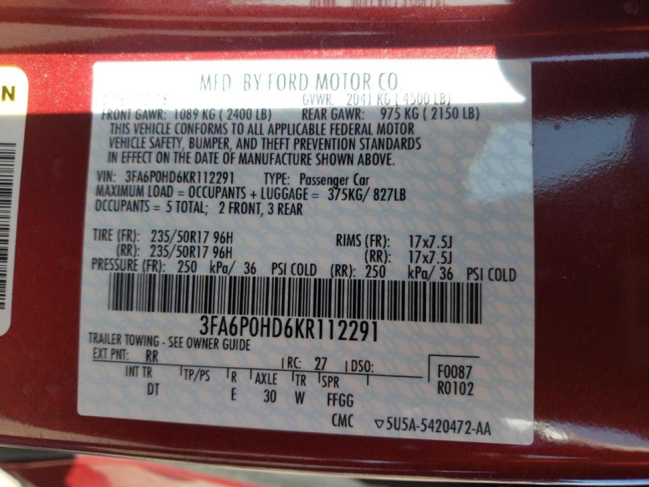 Photo 10 from auction – 2019 FORD FUSION SE with VIN 3FA6P0HD6KR112291