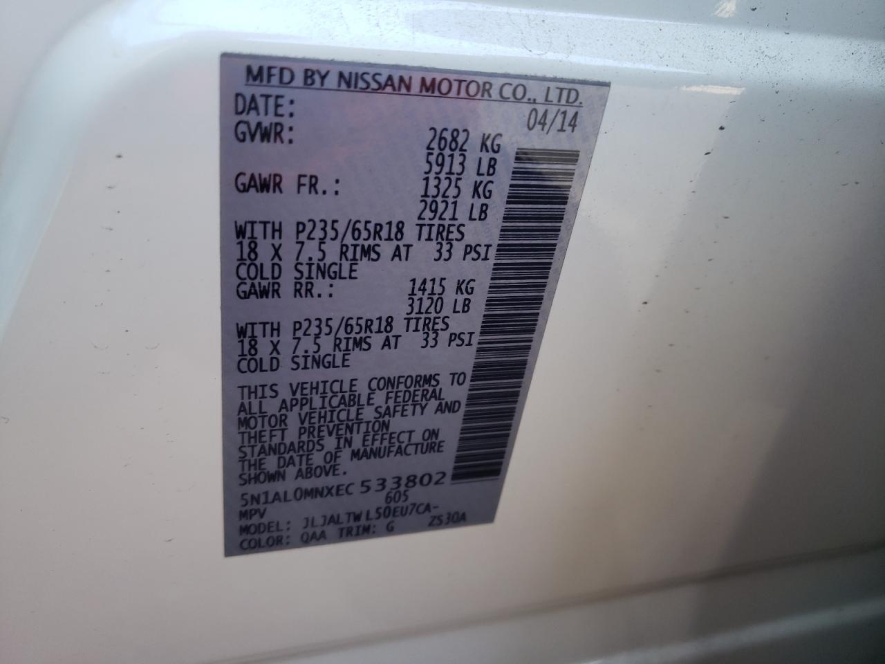 Photo 10 from auction – 2014 INFINITI QX60 with VIN 5N1AL0MNXEC533802