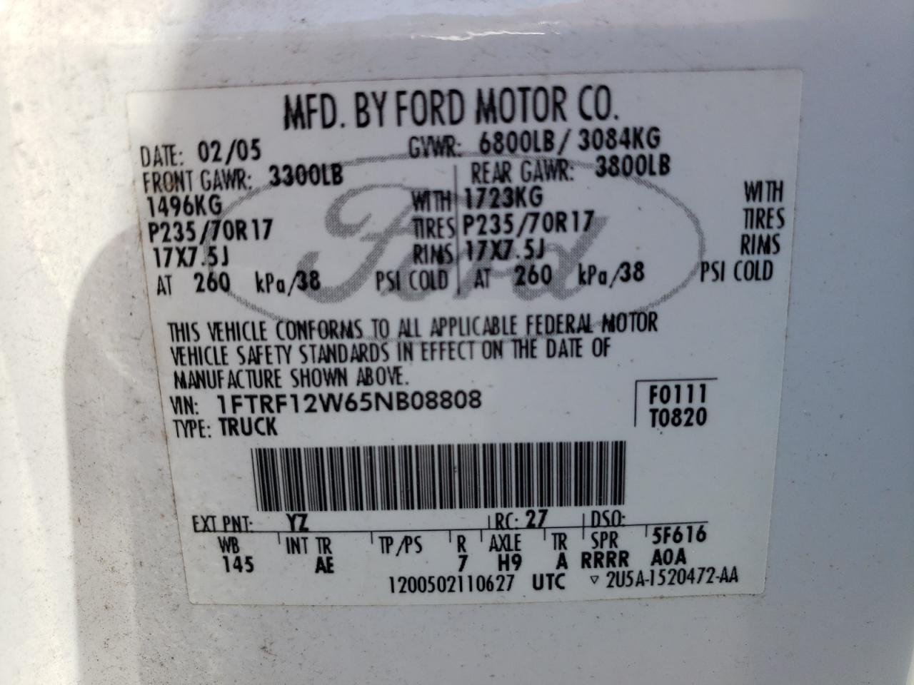 Photo 10 from auction – 2005 FORD F150 with VIN 1FTRF12W65NB08808