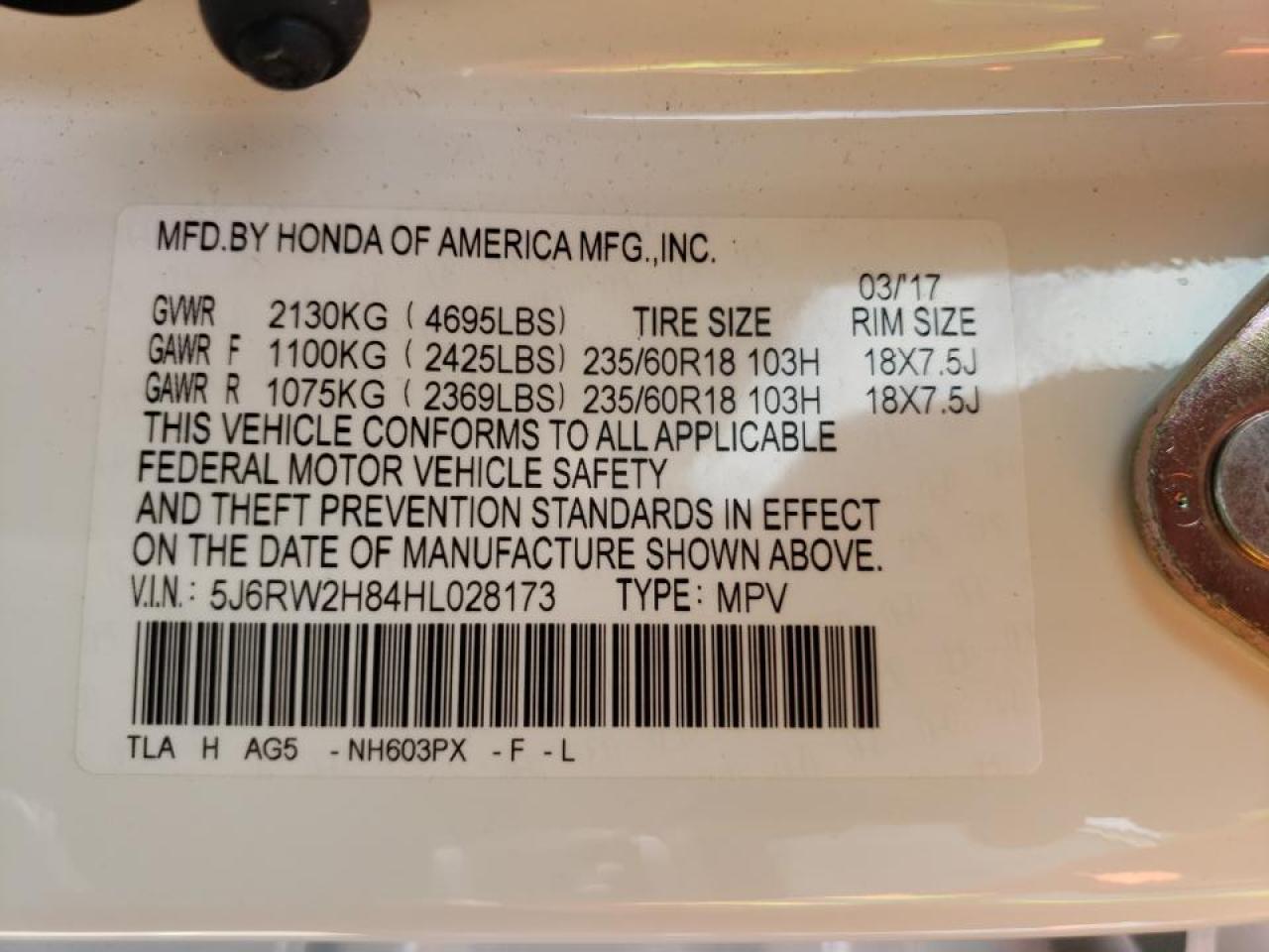Photo 10 from auction – 2017 HONDA CR-V EXL with VIN 5J6RW2H84HL028173