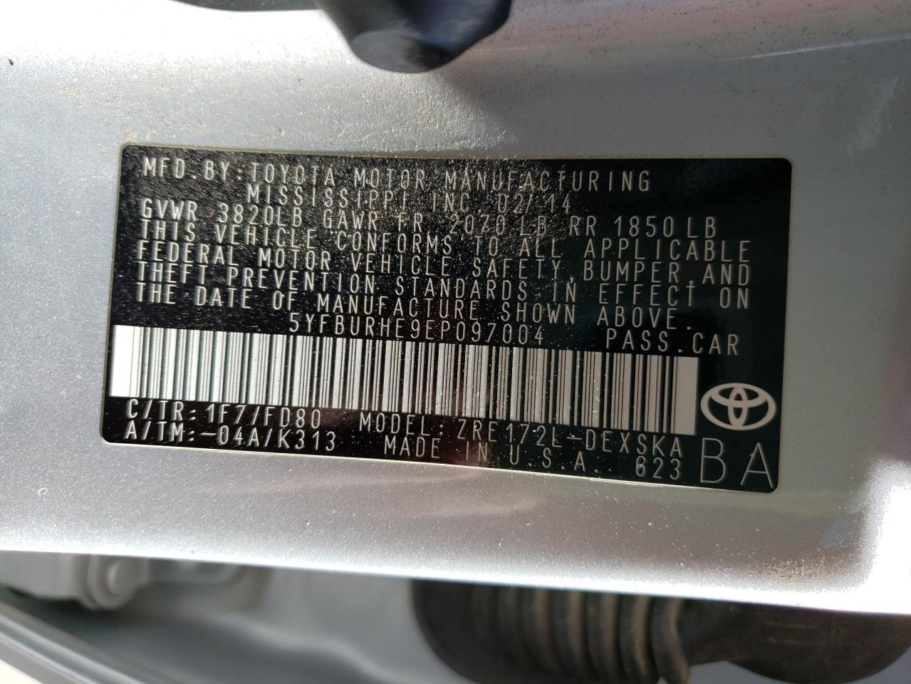 Photo 10 from auction – 2014 TOYOTA COROLLA L with VIN 5YFBURHE9EP097004
