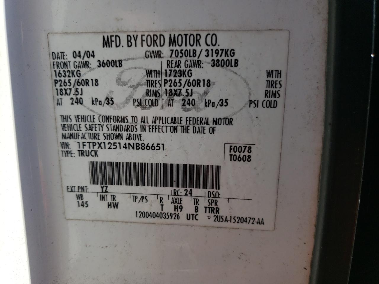 Photo 10 from auction – 2004 FORD F150 with VIN 1FTPX12514NB86651