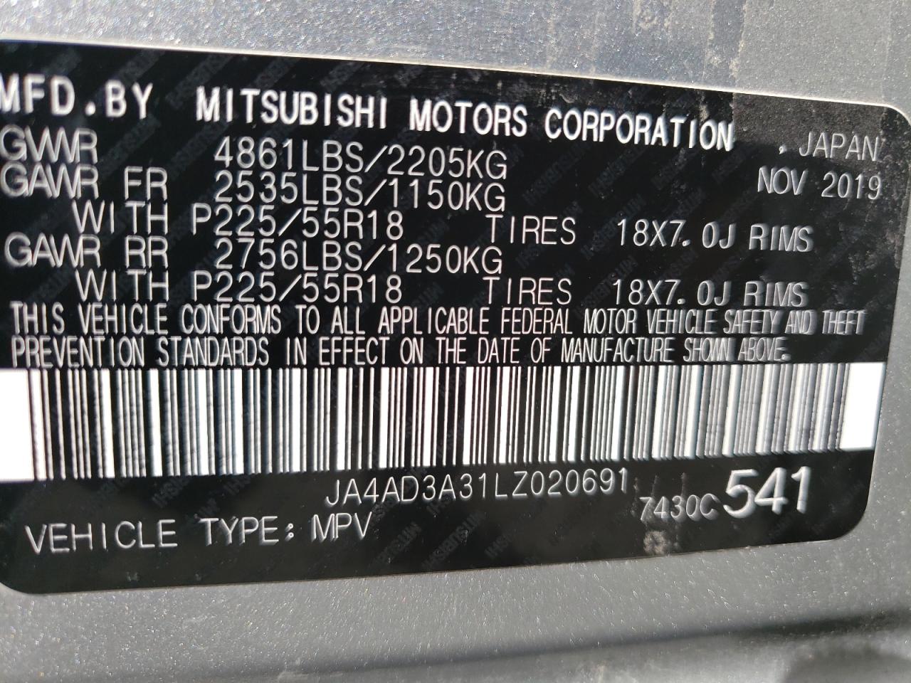 Photo 10 from auction – 2020 MITSUBISHI OUTLANDER with VIN JA4AD3A31LZ020691