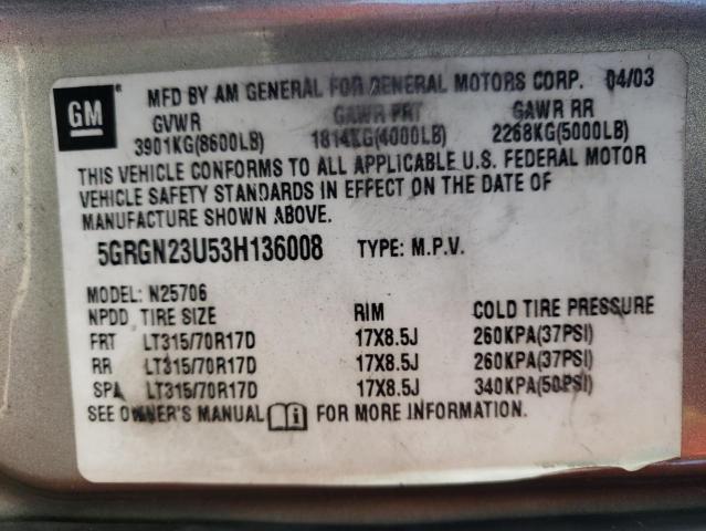 Photo 10 from auction – 2003 HUMMER H2 with VIN 5GRGN23U53H136008