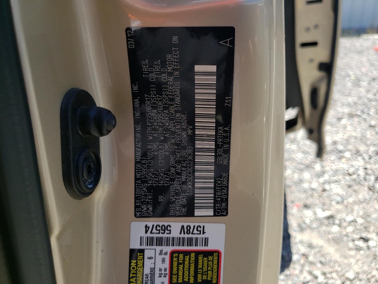 Photo 10 from auction – 2012 TOYOTA SIENNA LE with VIN 5TDKK3DC0CS236383