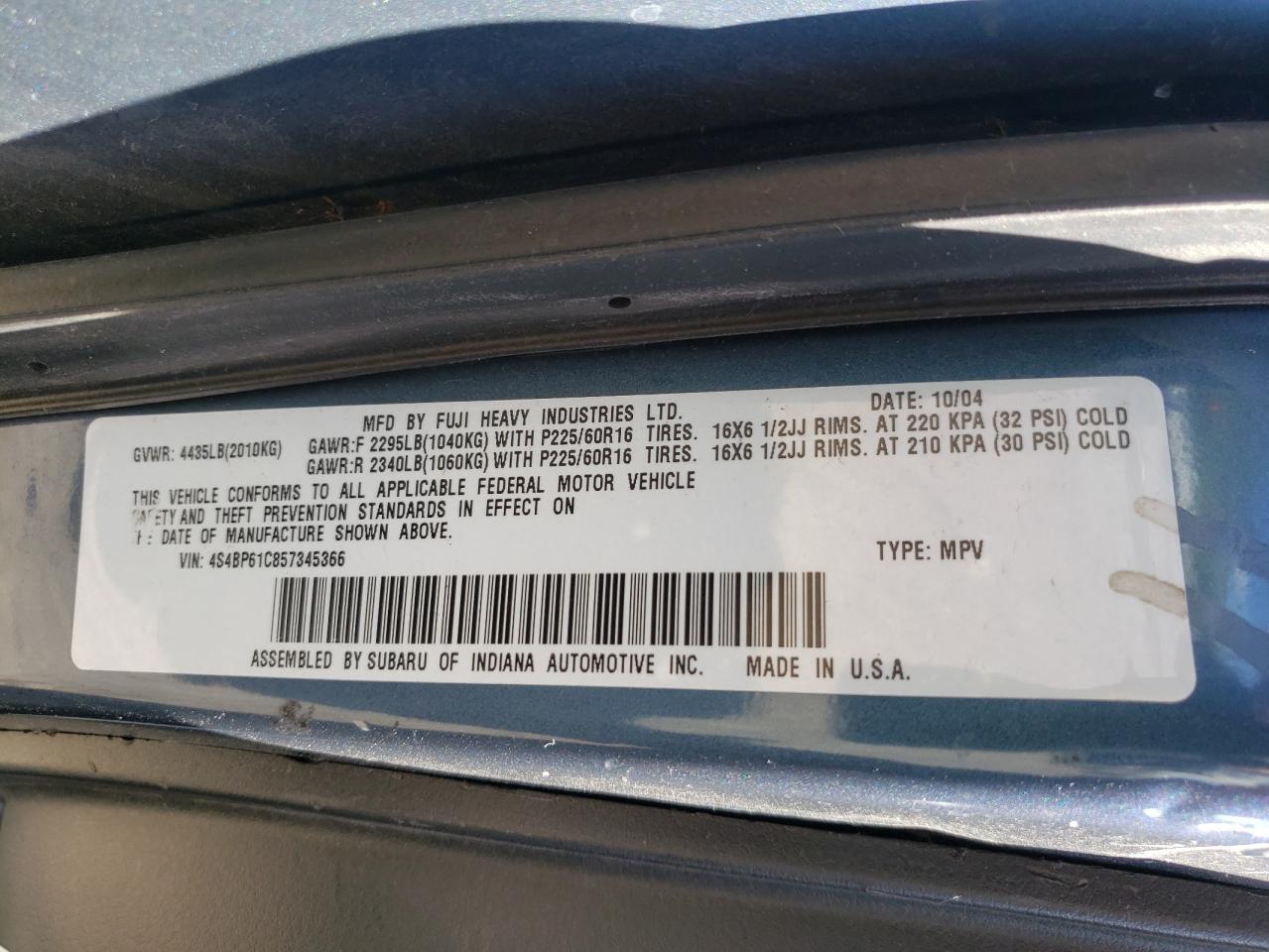 Photo 10 from auction – 2005 SUBARU LEGACY OUT with VIN 4S4BP61C857345366