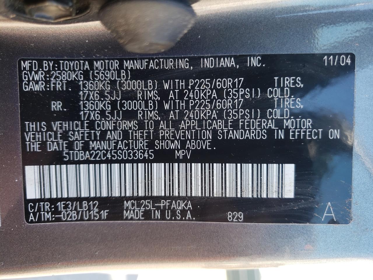 Photo 10 from auction – 2005 TOYOTA SIENNA XLE with VIN 5TDBA22C45S033645