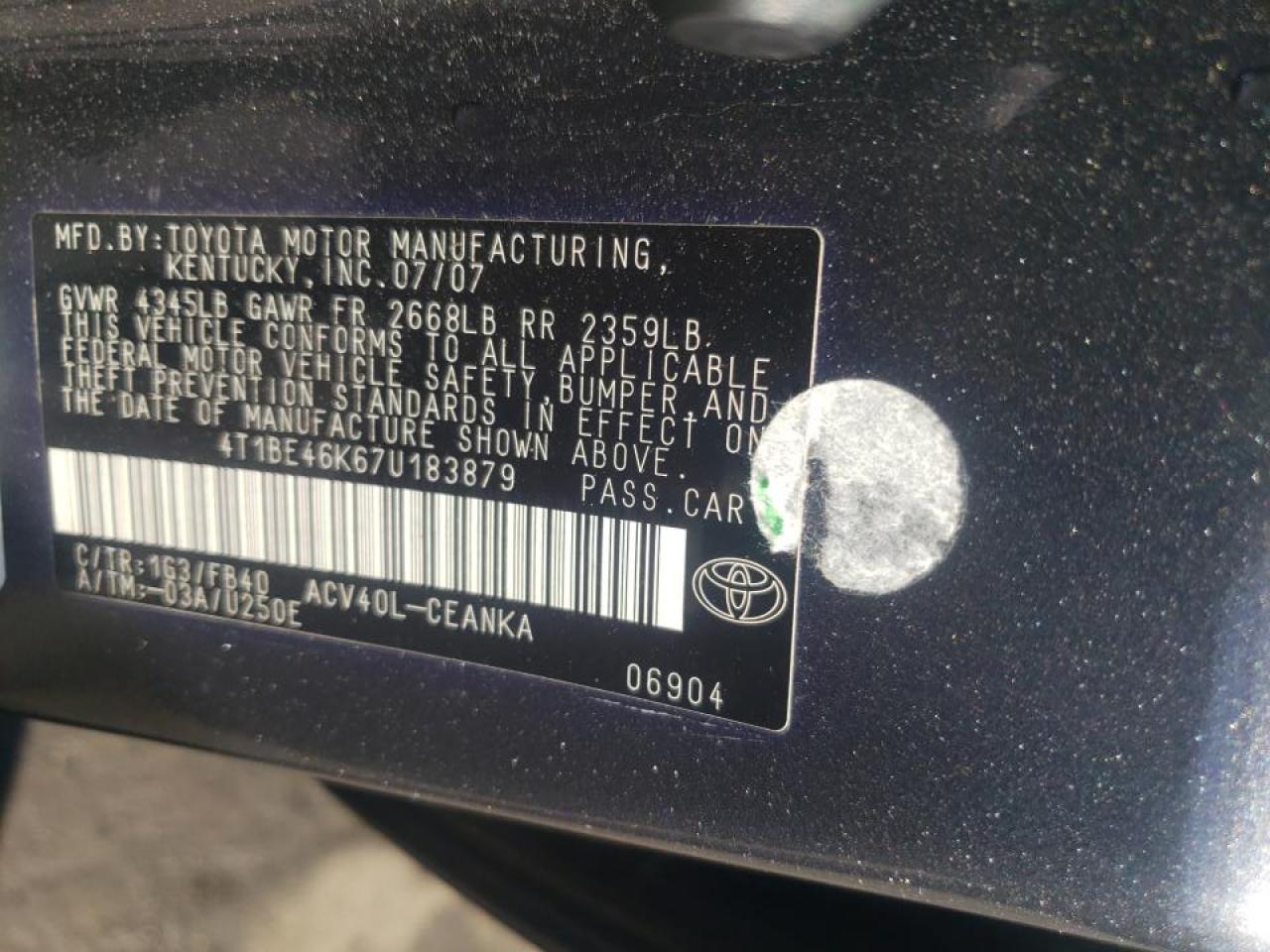 Photo 10 from auction – 2007 TOYOTA CAMRY CE with VIN 4T1BE46K67U183879