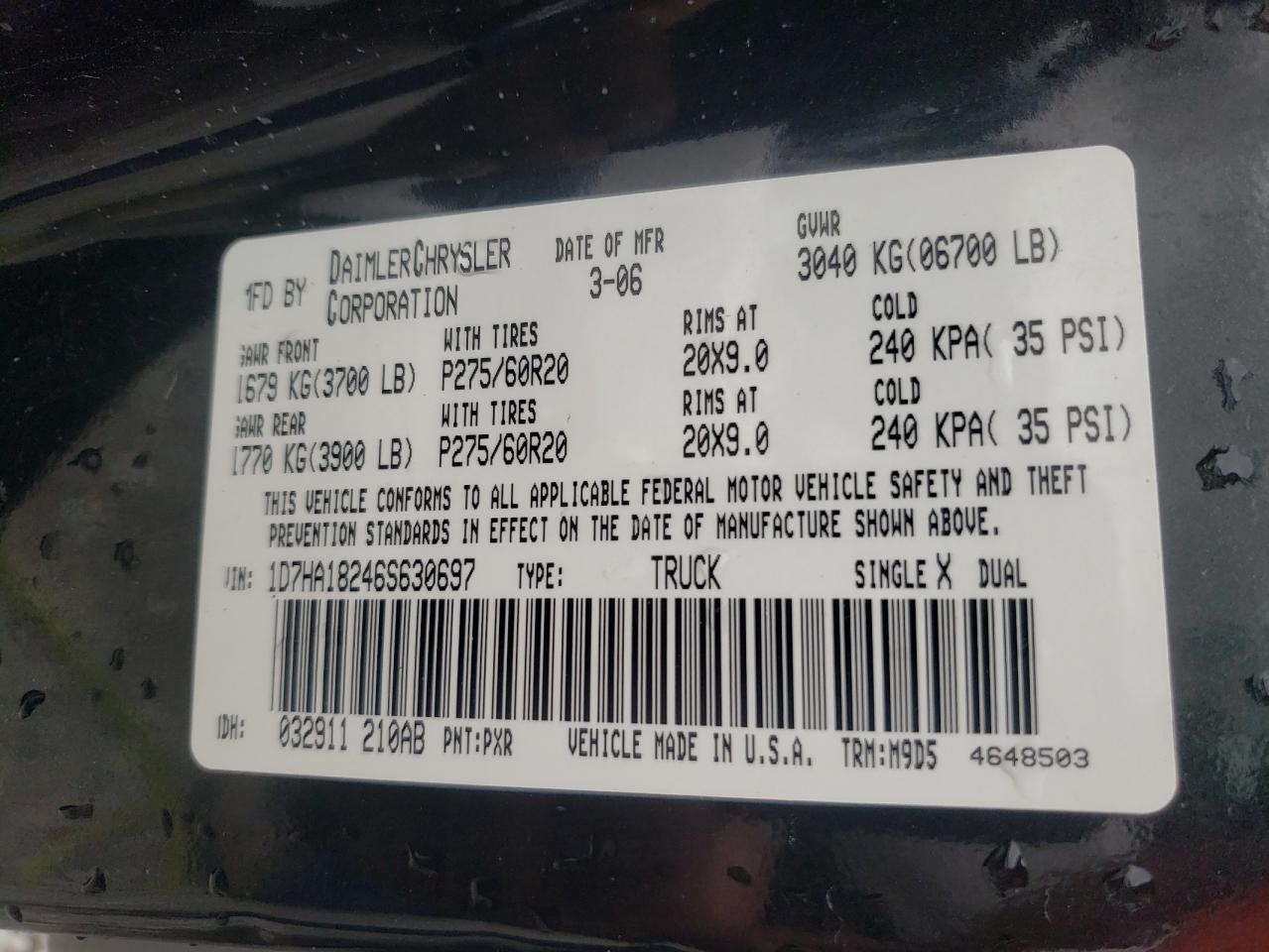 Photo 10 from auction – 2006 DODGE RAM 1500 S with VIN 1D7HA18246S630697