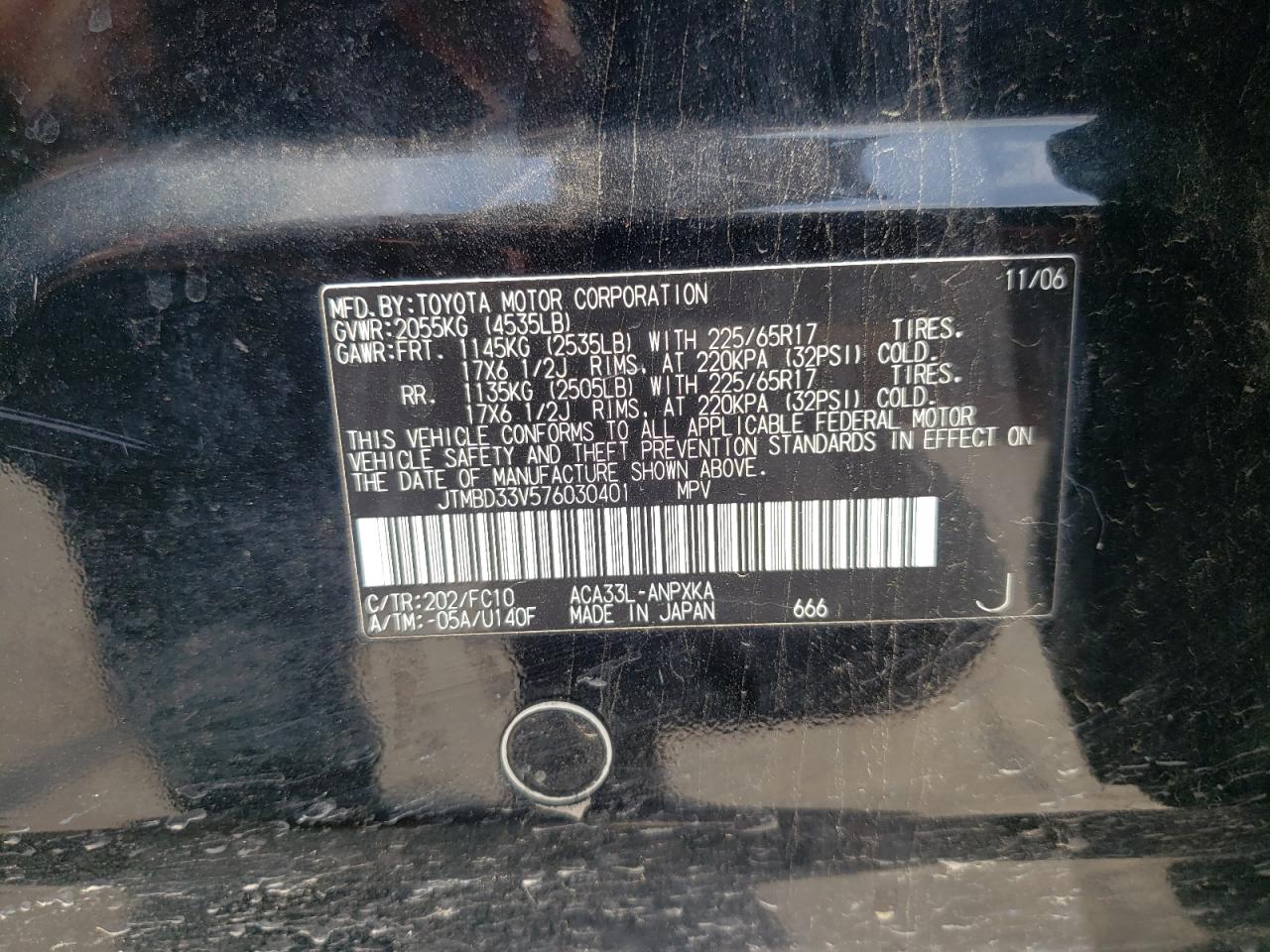 Photo 10 from auction – 2007 TOYOTA RAV4 with VIN JTMBD33V576030401