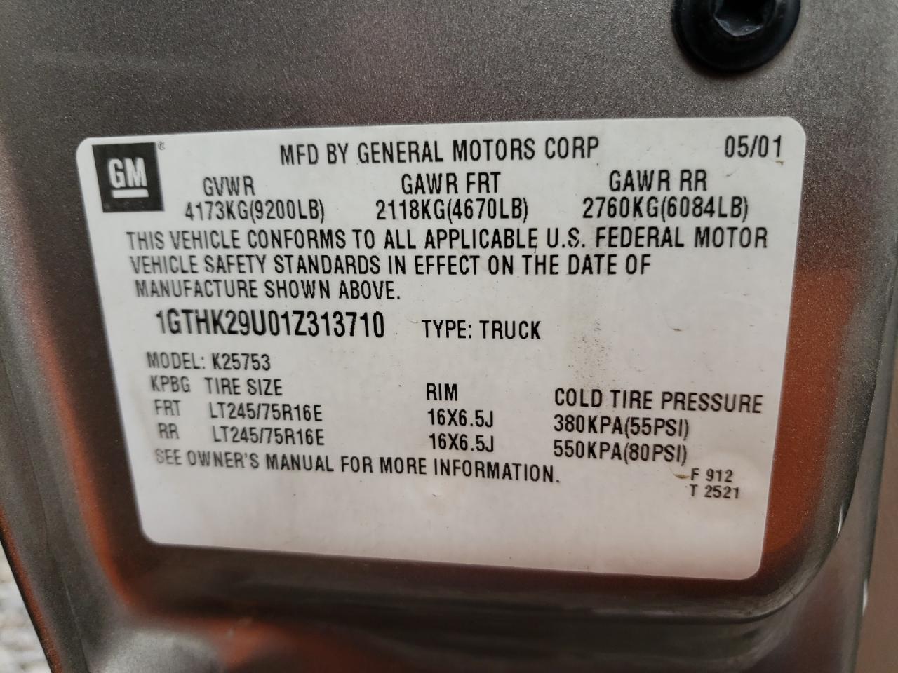 Photo 10 from auction – 2001 GMC SIERRA K25 with VIN 1GTHK29U01Z313710