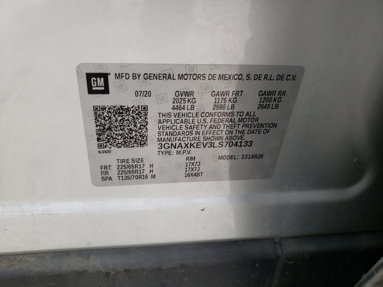 Photo 10 from auction – 2020 CHEVROLET EQUINOX LT with VIN 3GNAXKEV3LS704133